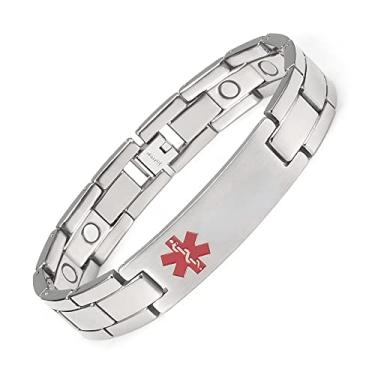 Imagem de EnerMagiX Pulseira de alerta médico de titânio para homens e mulheres, 21,5 cm com gravação gratuita (diabetes tipo 2, pressão alta, anticoagulante, hipoalergênica)
