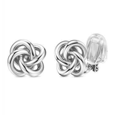 Imagem de ORAZIO Brincos femininos com clipe geométrico, exclusivos, não perfurados, banhado a ouro 14 quilates, nó grosso, brincos de argola com pingente de argola para mulheres, modernos, Cobre, Sem pedra