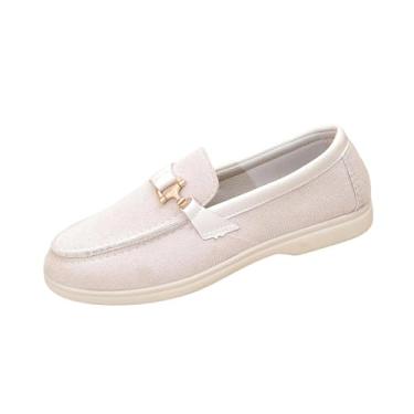 Imagem de Mocassins femininos modernos, casuais, versáteis, com corrente de metal, estilo primavera e verão., Bege, 38