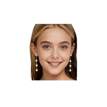 Imagem de Brincos de pérola para mulheres, brincos longos de prata delicados, brincos pendentes de ouro para casamento nupcial, acessórios de formatura de pérola branca como presente de aniversário, Natal