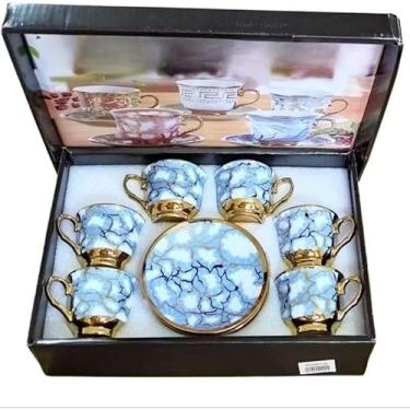 Imagem de Kit Xícaras e Pires Café Porcelana Premium - Jogo de Luxo para Presente 6 xicaras + 6 pires(Modelo - 9-azul (85mL))