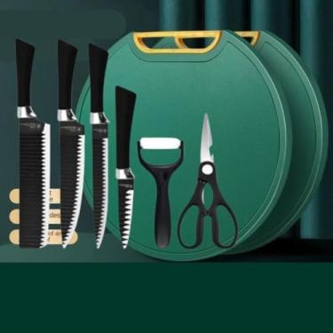 Imagem de Kit Tábua de Corte Antibacteriana 30cm com Suporte em Pé + Conjunto 6 Facas para Cozinha à Prova de Mofo (Tabua+Facas preto)