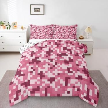 Imagem de Jogo de cama de solteiro, rosa xadrez, 2 peças, para decoração de quarto de crianças, meninas, meninos, adolescentes, geométrico, xadrez, moderno, videogame, 1 fronha