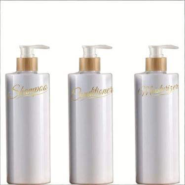 Imagem de 3 frascos de bomba de 300 ml com dispensadores de sabão líquido, reutilizáveis, recipientes de gel de banho com líquido, recipientes de creme líquido, plástico vazio, adequado para uso em chuveiros