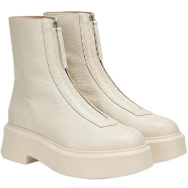 Imagem de BeeLg Bota feminina plataforma cano curto Chelsea bota de outono com zíper frontal de couro de combate, Branco, 36 BR