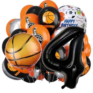 Imagem de Balões de basquete, balões de número preto, bolas de basquete laranja pretas impressas e balão de látex prateado (número 4)