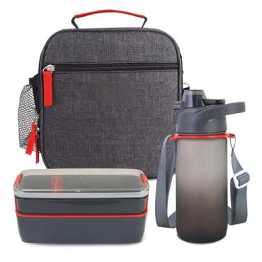 Imagem de Kit Lancheira Térmica Infantil com Marmita 2 Andares e Garrafa 550ml BPA Free para Escola e Passeios(Cinza Escuro)