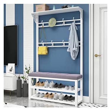 Imagem de Cabideiro independente para piso de casa Cremalheira criativa três em um suporte para sapatos banco de porta integrada prateleira de ferro / preto C/100 * 30 * 172 cm (branco B 100 * 30 * 172 cm