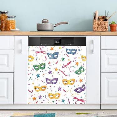 Imagem de Wassud Máscara colorida de carnaval para máquina de lavar louça, capa magnética decorativa para lava-louças, capas de geladeira, pele magnética 58 cm L x 66 cm A, decoração de casa