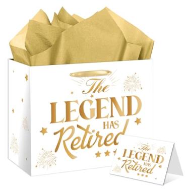 Imagem de Bolsa de presente de aposentadoria de ouro branco, grande bolsa de presente feliz aposentadoria com cartão e papel de seda para homens e mulheres, decorações de festa de aposentados, presentes de