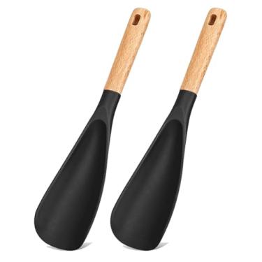 Imagem de Espátula de silicone com cabo de madeira, utensílio de cozinha antiaderente resistente ao calor, sem BPA, design de orifício para pendurar, multiuso para cozinhar, servir, misturar saladas (preto, 2