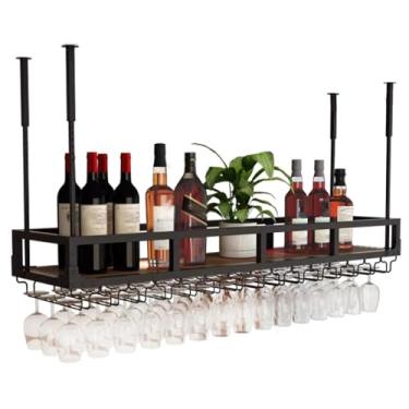 Imagem de Rack de vinho suspenso com suporte de vidro e prateleira, 30 cm-60 cm de altura ajustável rack de copo de vinho, suporte de garrafa de vinho suspenso, para bar café cozinha (cor: preto, tamanho: 80 cm