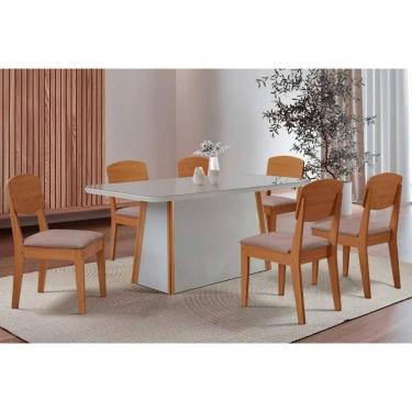 Imagem de Conjunto: Mesa Sala Jantar Tilia c/ Tampo Madeirado c/ Vidro Canto Curvo 180x90cm e 6 Cadeiras Havana Naturale/Off White - Linho Capuccino - Rufato