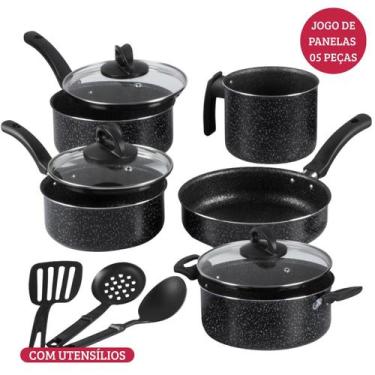 Imagem de Jogo De Panelas com Tampa de Vidro 5 Peças Preto Nacional - Alumínio N