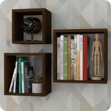 Imagem de 3 Nichos Para Livros Parede Quarto Sala Quadrado Marrom - MetalCromo