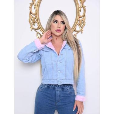 Imagem de Jaqueta jeans feminina de pelinho total cristal pistolado laycra - Ss 