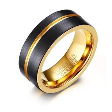 Imagem de Anel Masculino Tungstênio 8mm Preto com Fio de Ouro Amarelo Anatômico 