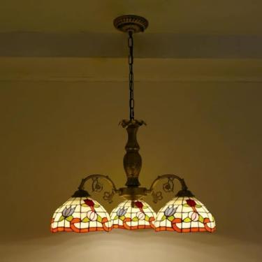 Imagem de Lustre de estilo Tiffany [3 luzes] de pingente de vidro de vidro luminária de vidro [altura ajustável de 12 polegadas] Luz de teto E26 antigo vintage para sala de jantar da sala de estar, 5,