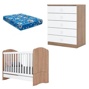 Imagem de Berço Nacional e Cômoda Infantil Bala de Menta Rústico Branco com Colchão Ortobom – Henn