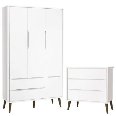 Imagem de Cômoda Infantil Gaveteiro e Guarda Roupa 3 Portas Theo Branco Acetinado com Pés Amadeirado – Reller