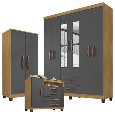 Imagem de Guarda Roupa Casal Modena com Espelho 6 Portas Cômoda Sapateira Cannes e Armário Multiuso Recife Carvalho Americano Grafite- Incorplac