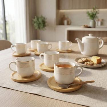Imagem de Conjunto com 6 Xícaras de Café 120ml Margareth com 6 Pires de Bambu - 