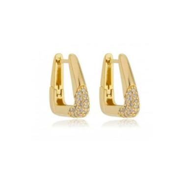 Imagem de Brinco argola triangular cravejada 21mm - Banhado em ouro 18k - Valenc