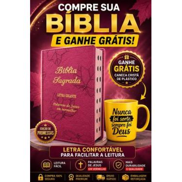 Imagem de Bíblia Sagrada da Mulher Letra Gigante Capa de Couro Pink Folhas Crist