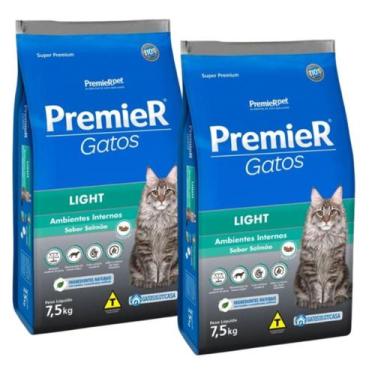 Imagem de Kit 2 Ração Premier Gatos Ambi. Internos Light Salmão 7.5Kg