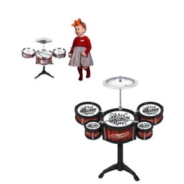 Imagem de Mini Bateria Musical Infantil 3 Tambores Brinquedo Vermelho - Miki Toy