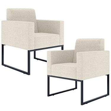 Imagem de Kit 02 Poltronas Decorativas Sala e Recepção Base Fixa Metal Helô L02 Linho Champanhe - Lyam Decor