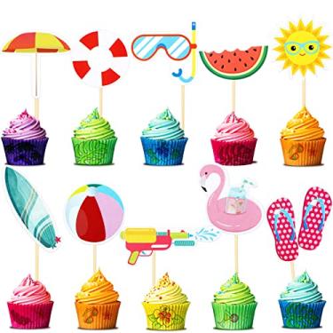 Imagem de 100 peças de topos de cupcake de praia de verão com tema havaiano para festa na piscina, palitos de bolo com bola de praia, guarda-chuva, decoração de bolo, para aniversário, festa tropical, luau, chá de bebê, artigos de festa, 10 designs