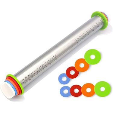 Imagem de NASNAIOLL Rolo de massa ajustável com anéis de espessura Pastelaria para assar massa de biscoito, pizza, pastelaria, torta, macarrão, estilo francês, rolo de aço inoxidável 