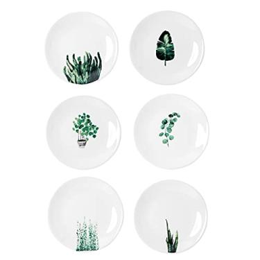 Imagem de YCBH Conjunto de 6 polegadas de 6 desenhos sortidos, pequenos pratos de porcelana com padrão de plantas, louça de cerâmica branca para aperitivos lanches almoço sobremesa servindo pão, forno micro-ondas lavável na lava-louças