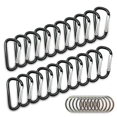 Imagem de FJCTER 20 peças Mini 1,85"/4,7 cm Mosquetões de alumínio com 10 peças de anéis de chave de metal de níquel leve formato D clipes de chaveiro pequenos fivelas de mosquetão multiuso para uso interno e externo