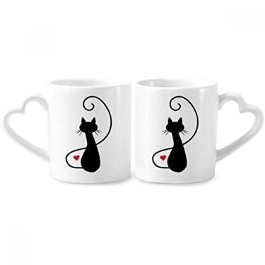 Imagem de Mewing Heart Cat Sihouette Animal Couple Porcelain Mug Set Ceramic Lover Cup Heart Handle