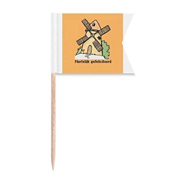 Imagem de Paisagem de moinho de vento holandês bandeiras de palito de dente de aniversário marcando para festa bolo comida prato de queijo