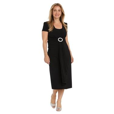 Imagem de Vestido midi elegante em cascata com fivela de strass e mangas curtas, Preto, 48