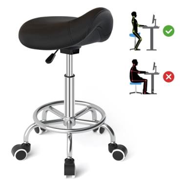 Imagem de YEEZEE Banco de selim ergonômico - banco de selim confortável com enchimento largo e grosso, cadeira giratória ajustável com rodas e pedal de anel para salão de massagem médica (preto escuro)