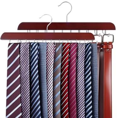 Imagem de 2 cabides vermelhos e cabides de cinto, organizador de gravata de aço inoxidável com 20 ganchos dobráveis, suporte de cinto giratório multiuso de 360° para organizador de armário, acessórios