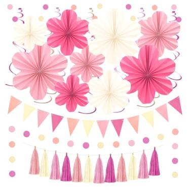 Imagem de Marwey Decoração de festa rosa com flores coloridas de papel pendurado, guirlanda de borla e redemoinhos, decoração de aniversário rosa para mulheres e meninas, chás de bebê, artigos de despedida de