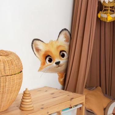 Imagem de RoyoLam Peekaboo Fox Decalques de parede removíveis aquarela animal espiando adesivos de vinil para berçário sala de estar e sala de jogos infantil decoração de desenho animado arte de parede