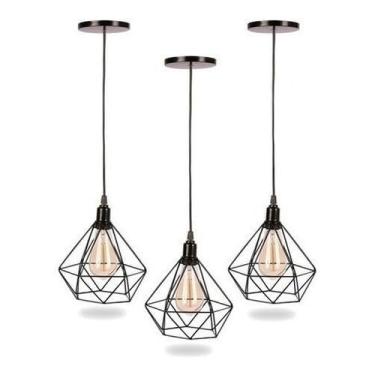 Imagem de Kit 3 Pendente Aramado Diamante Retro Cabo 1m Regulavel Retrô Vintage PRETO