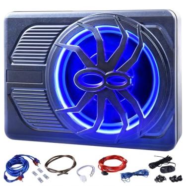 Imagem de HCALORY Subwoofer para carro de 1200 W e 25 cm, subwoofer de carro fino alimentado sob o assento com amplificador integrado e entrada Hi/Lo, subwoofer de alto-falante de baixo com luz LED azul
