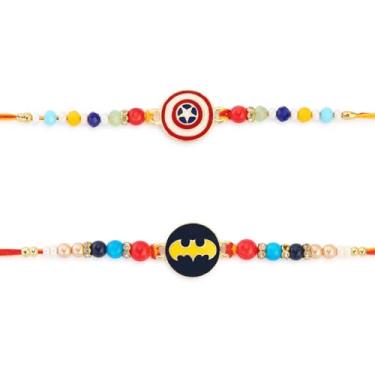 Imagem de ARTISENIA Conjunto de 2 super-heróis Rakhi para irmão com cartão de felicitações Raksha Bandhan | Roli Chawal Tika - Raksha Bandhan Rakhi para irmão | Rakhi para Bhaiya | Rakhi Thread RNJ0030, Sem pedras preciosas