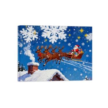 Imagem de Pinturas em tela Natal-Quadros Decoração de Parede-Veado puxando trenó céu-Inverno Paisagens Impressões para Sala de Estar 60x80cm Tela Embrulhada