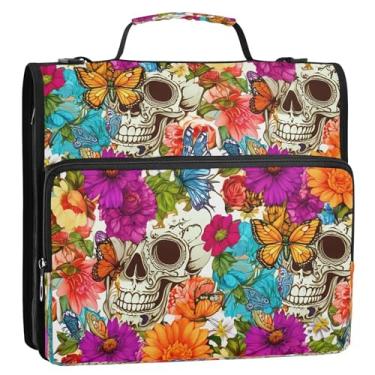 Imagem de Wassud Caveiras com flores, fichário com zíper, 3 anéis com alça de ombro e alça de vários bolsos, organizador de pastas expansíveis