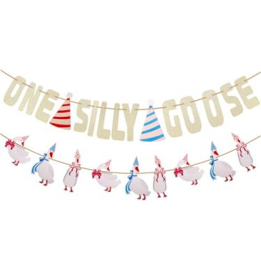 Imagem de Faixa de aniversário One Silly Goose Pre-String Cute Blue & Pink Goose Decorações de 1º aniversário guirlanda de pendurar ajustável para meninos meninas chá de bebê tema fazenda decoração de festa
