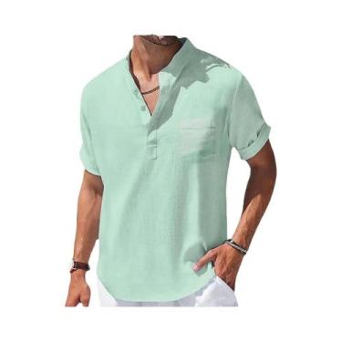 Imagem de Camiseta Masculina De Verão Em Algodão E Linho Com Gola Henley, Roupa 