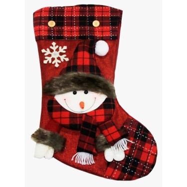 Imagem de Decoração Natal Bota Meia Xadrez Boneco de Neve Natalino 45cm